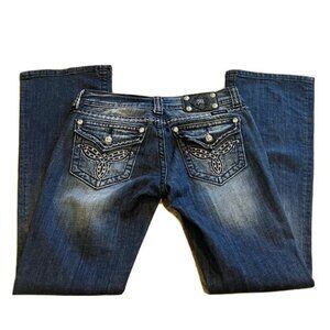Miss Me boot cut dark wash distressed low rise jeans embellished s…